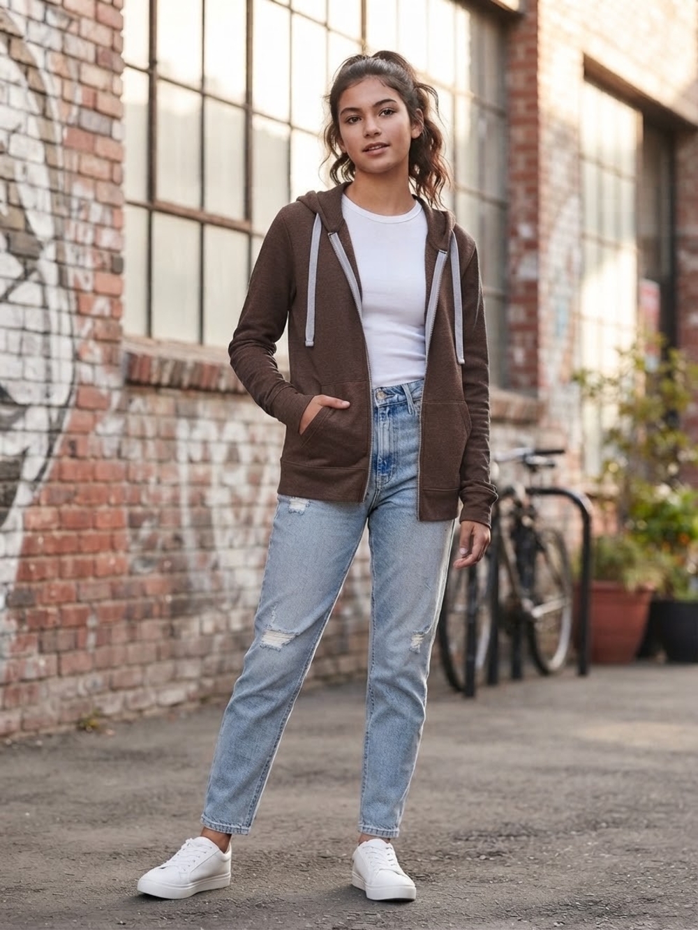 Kirkland Signature Brown Zip-Up Hooded Jacket with White Drawstrings